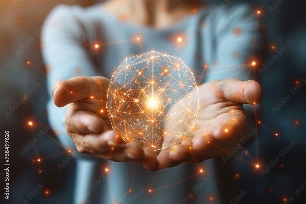 Poster a hand exhibits a luminous network, symbolizing control and technological mastery, generative ai