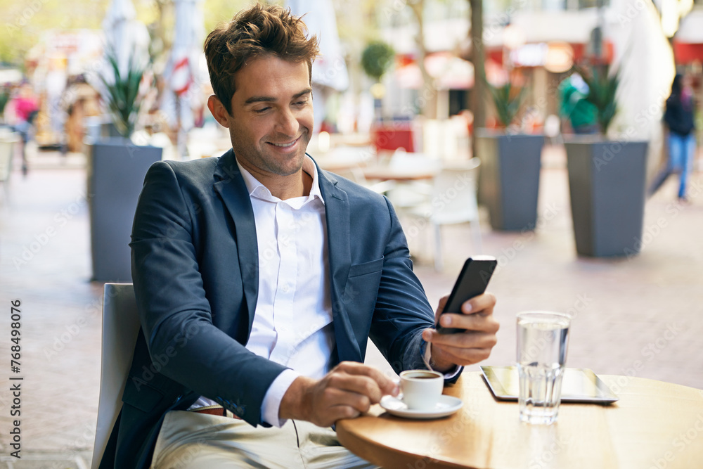 Poster man, mobile or cafe to smile, relax or browse internet to search, post or update web, blog or app. b