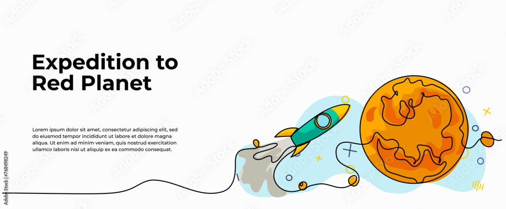 Poster vector illustration of space adventure. modern flat in continuous line style.