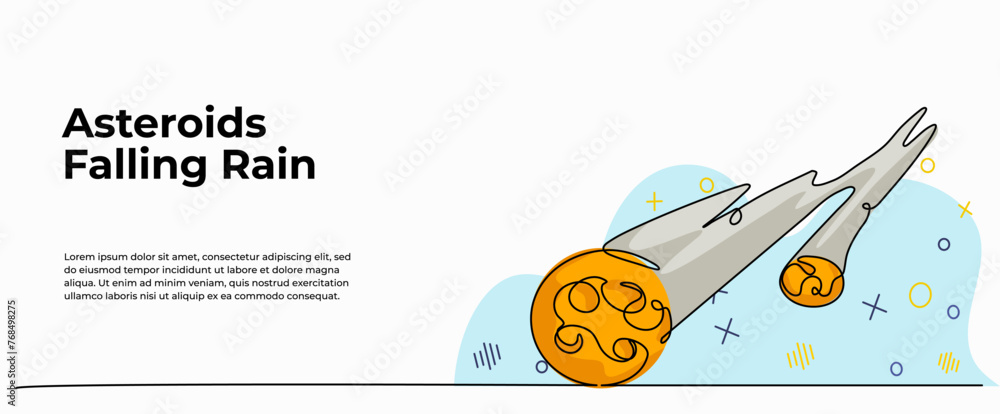 Poster vector illustration of asteroids falling. modern flat in continuous line style.
