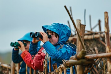 kids in waterproof hats using binoculars on fort