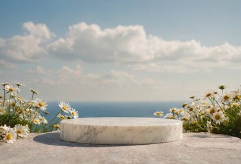 Fototapeta na wymiar Round marble podium for presentation decorated chamomile flowers. Sunny sky in background. Copy space. Luxury beauty template. Ai generation