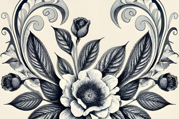 Flower vintage scroll Baroque Victorian frame border rose peony floral ornament leaf engraved retro pattern decorative design tattoo black and white filigree calligraphic - obrazy, fototapety, plakaty