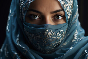 Geheimnisvolle Schönheit: Frau mit blauem Hijab und silberner Blumenstickerei - obrazy, fototapety, plakaty