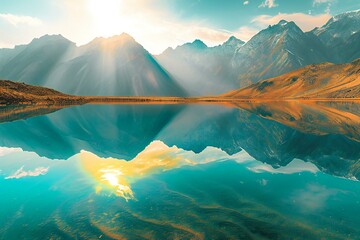 Mountain lake at sunrise,  Beautiful natural landscape with reflection in water - obrazy, fototapety, plakaty