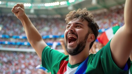 A happy fan at a public event in a stadium, holding an Italian flag with a smile and making a gesture, while enjoying the fun and leisure with a cheering crowd. AIG41