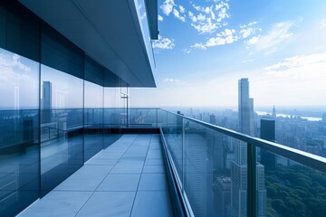 Fototapeta premium glass balcony railing on a high apartment with skyline views