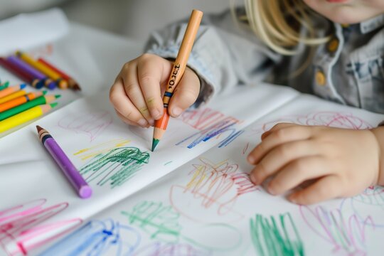 child drawing with colorful crayons on white paper