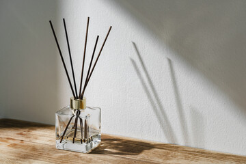 Sunlit Diffuser Bottle With Reeds Casting Shadows on a White Wall