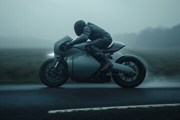 Motorcyclist riding a sports motorbike on a foggy road