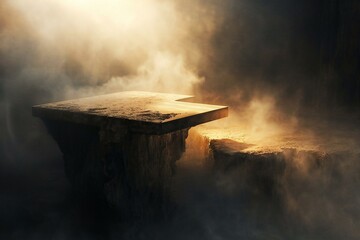 Wooden table in the forest with smoke in the background