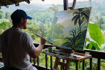 artist painting jungle panorama on veranda with canvas setup - obrazy, fototapety, plakaty
