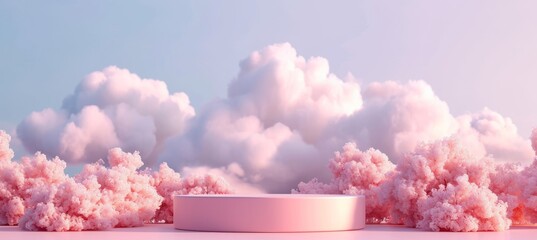 Pink podium in beautiful clouds, fashion mockup background