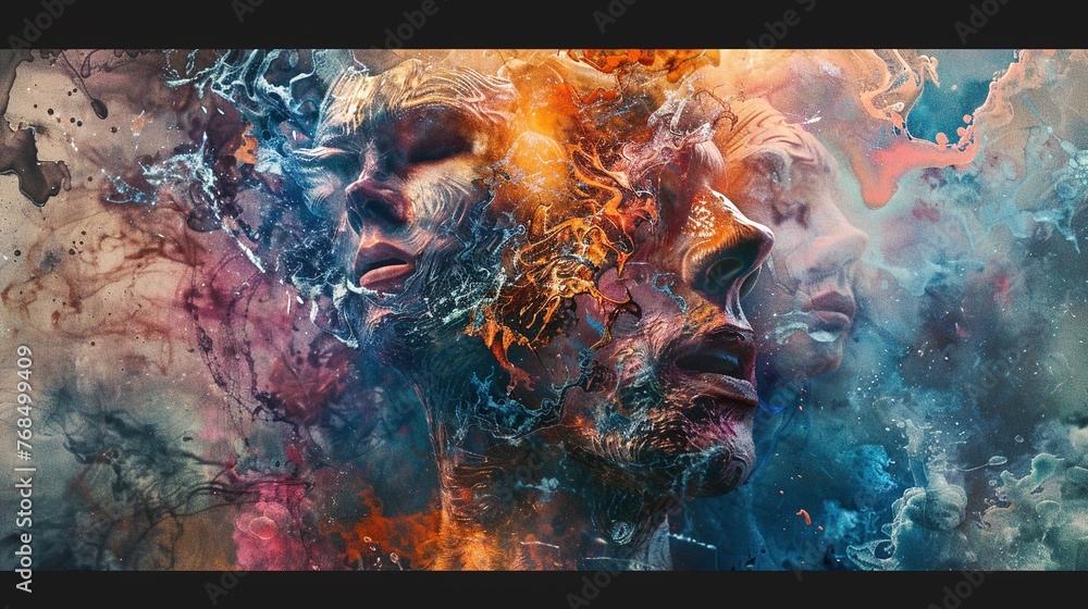 Poster a surreal tableau of abstract individuals in various stages of transformation, their bodies melting 