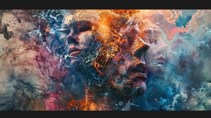 A surreal tableau of abstract individuals in various stages of transformation, their bodies melting and merging to form new shapes and identities in - obrazy, fototapety, plakaty