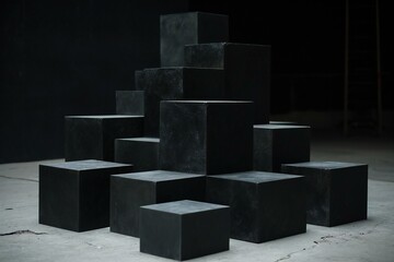 Black stone cube on concrete floor with dark wall background