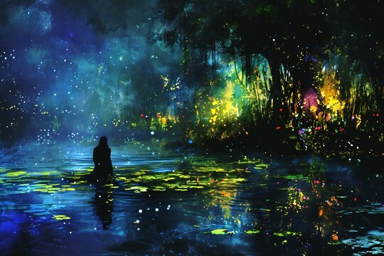 A silhouette of a young woman standing in the middle of a pond surrounded by trees and lights