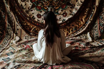 woman sitting on an ornate, arabianpatterned bedspread - obrazy, fototapety, plakaty