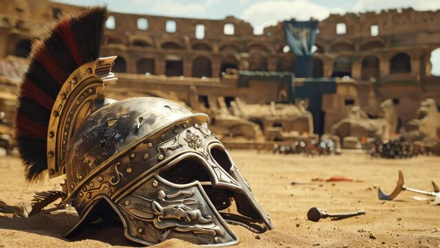 A gladiator helm in the sand of the arena