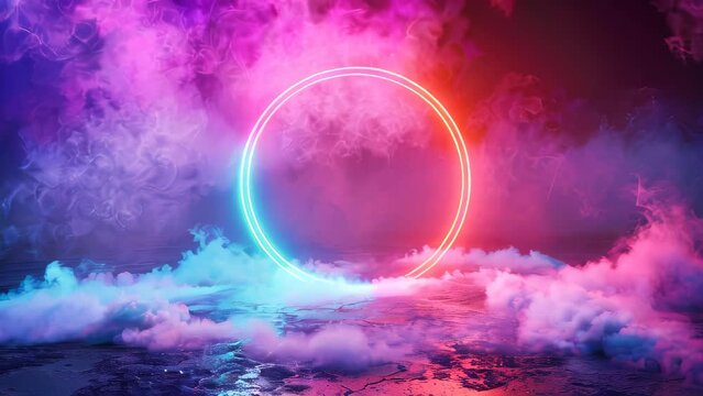 Abstract composition of a neon circle and clouds or steam around