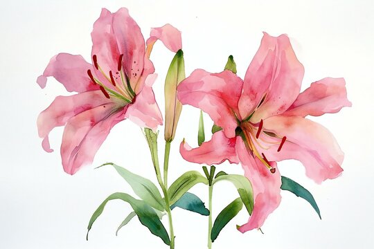 Pink lily flowers isolated on white background,  Watercolor illustration