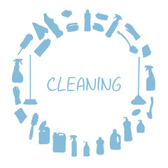 Banner made from cleaning equipment. Cleaning line icons. Cleaning products and tools for cleaning and disinfecting the home, buckets and mops, sprayers and detergents. Vector.