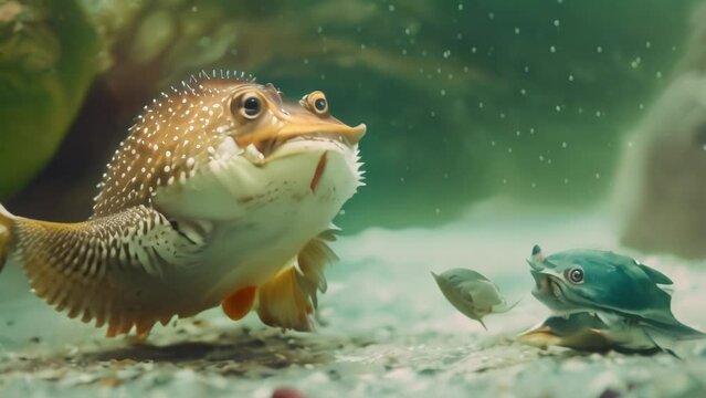 Baby porcupine fish hit by blue crab. 4k video animation