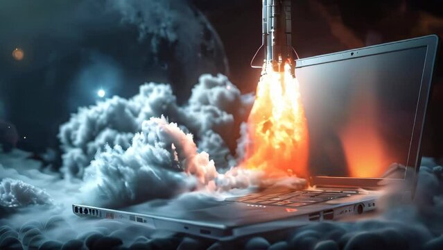 A small rocked being launched from a laptop keyboard. New business concept.