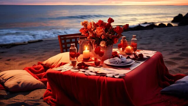 A table with food, drinks, candles and flowers on the beach in the evening, romantic atmosphere