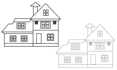 House
Suburban neighborhood panorama line art with classic, mid-century and contemporary houses.Blue colored detached, single family house with garden. Hand drawn line art cartoon vector illustration.