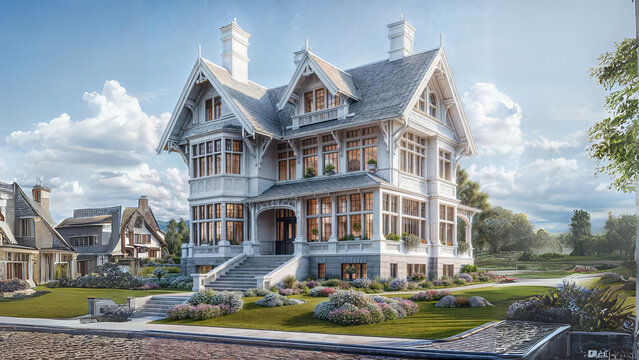a large white house with lots of windows, a digital rendering , featured on shutterstock, arts and crafts movement, stock photo, rendered in unreal engine, vray tracing