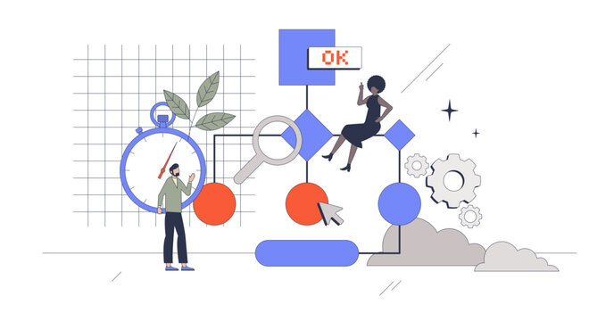 Critical path method as project management tool retro tiny person concept, transparent background. Extended sequence of tasks for business activities illustration. Planning logical path.