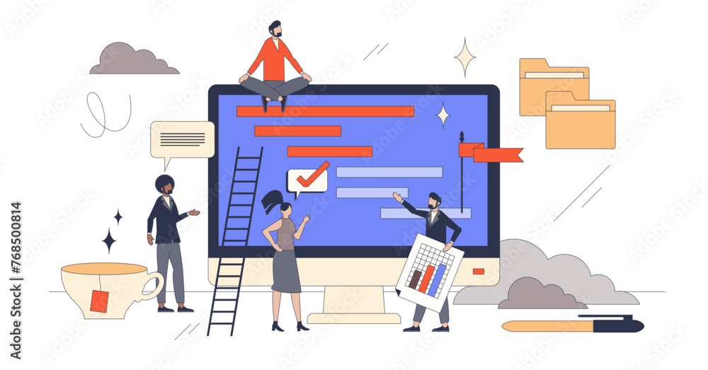 Poster project management software or process organization retro tiny person concept, transparent backgroun
