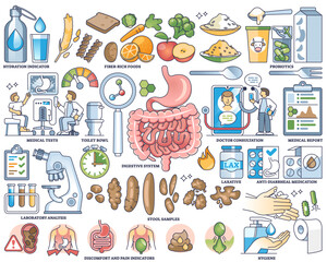 Health and stool analysis for digestive checkup in outline collection set, transparent background. Labeled elements with medical gastrointestinal diagnostics for disease.