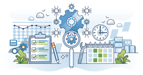Predictive maintenance for IOT technological efficiency outline concept, transparent background. Planned technical defect checkup for high quality performance illustration.