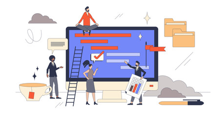 Project management software or process organization retro tiny person concept, transparent background. Task control, monitoring and planning tool for efficient and productive work illustration.