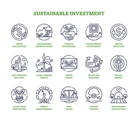 Sustainable investment and green finances in outline icons collection, transparent background. Labeled elements with nature friendly, ecological and environmental business practices illustration.