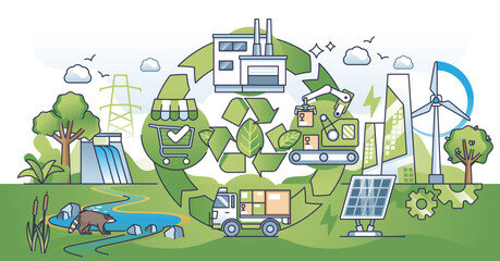 Sustainability in supply chain with ecological logistics outline concept, transparent background. Nature friendly commerce process with alternative power source usage. - obrazy, fototapety, plakaty