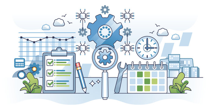 Predictive maintenance for IOT technological efficiency outline concept, transparent background. Planned technical defect checkup for high quality performance illustration.