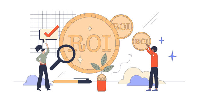 ROI return of financial investment in neubrutalism tiny person concept, transparent background. Grow profit with money invest in business or stock market illustration. Good income performance.