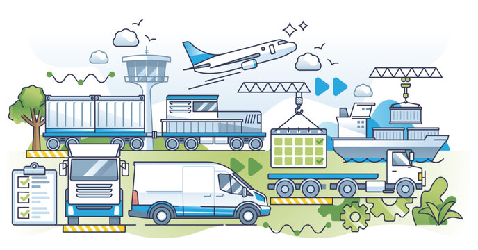 Transportation modes in supply chain with delivery types outline concept, transparent background. Multiple shipping options choosing airplane, ship, truck or van for logistic services illustration.