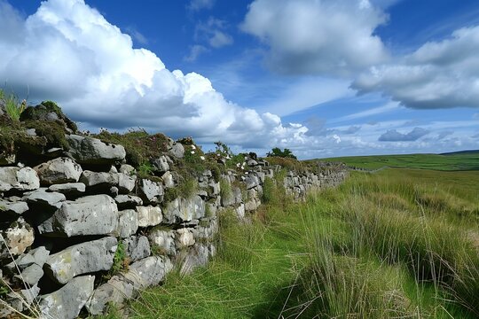 Dry stone wall in the countryside with blue sky and white clouds