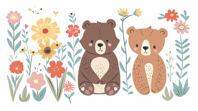 Floral cute bear vector Hand Drawn Animal Vector Kawai