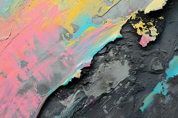 Abstract oil painting on canvas with blue, pink and yellow colors