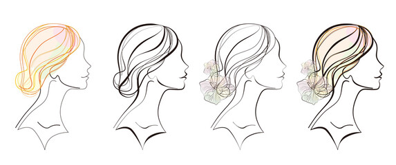 【PNG透過】ラインで描かれた美しい女性の横顔と花のバリエーション素材４種