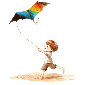recommend clip art: boy playing bat-shaped kite in summer, watercolor png clipart