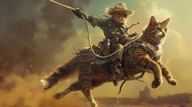 A fearless cat cowboy fiercely rides a giant cat across a wild west landscape, an artistic blend of adventure and fantasy