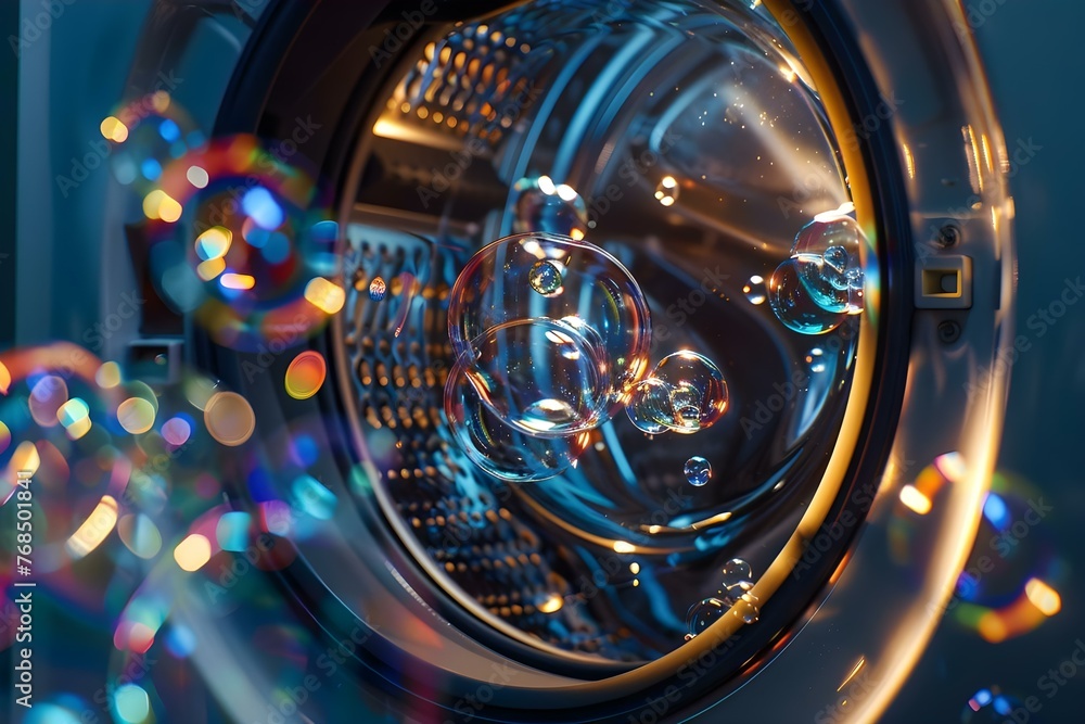 Poster exploring the power of generative ai technology through vibrant bubbles in a realistic washing machi
