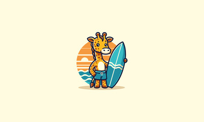 Naklejka premium giraffe hold surfing board on beach vector logo design