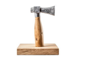 A wooden block with an axe embedded in it, showing sign of impact and rough usage. The sharp blade of the axe contrasts with the textured surface of the wood. Isolated on a Transparent Background PNG.